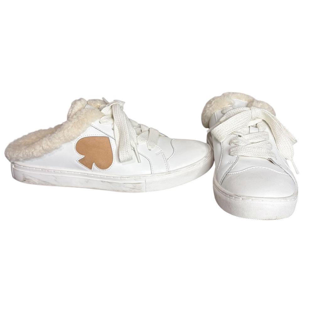 Kate‎ Spade White Fez Mule Winter Faux Fur Leather Sneakers Women's Size 9.5